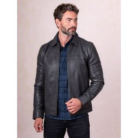 Renwick Collared Leather Jacket in Charcoal - Size 38