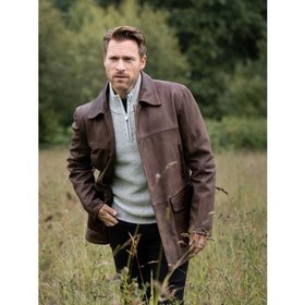 Garth Men's Collared Leather Coat in Brown - Size 38