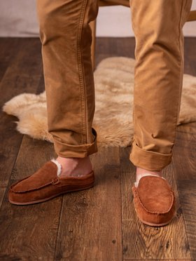 Men's Sheepskin Moccasin Slider Slippers in Tan