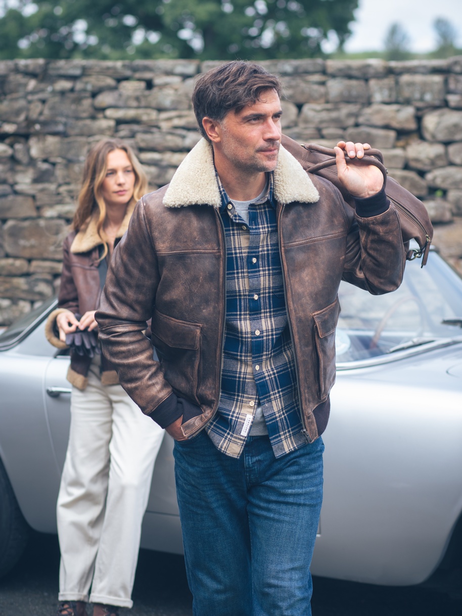 Fellfoot Leather Aviator Jacket, Chocolate Brown and Cawfell Shearling Aviator Jacket, Brown