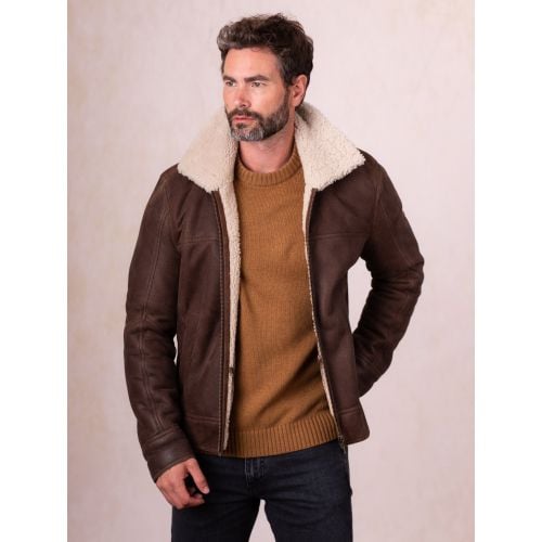 Harrier Men's Sheepskin Flying Jacket in Chocolate Brown