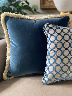 Luxury teal mulberry velvet cushion with fringing