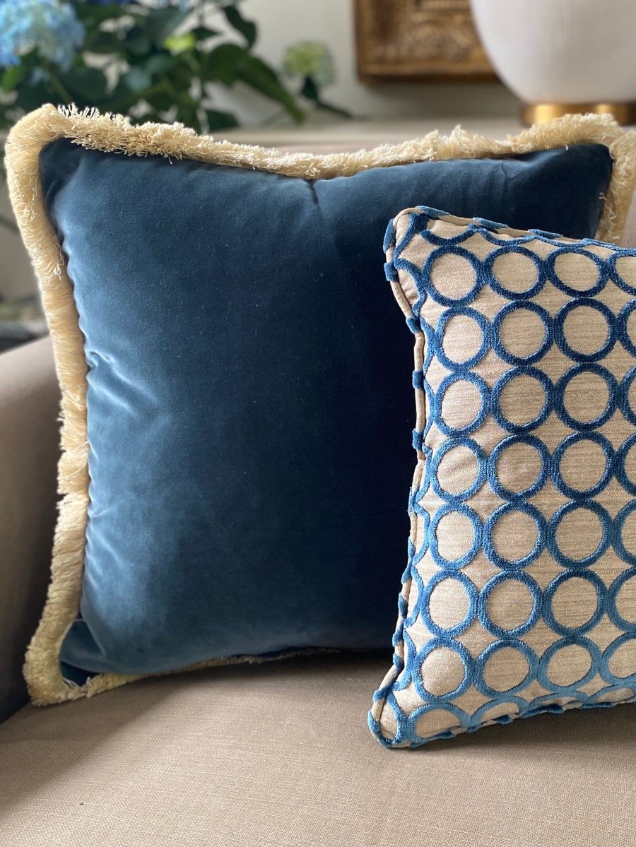 Luxury teal mulberry velvet cushion with fringing