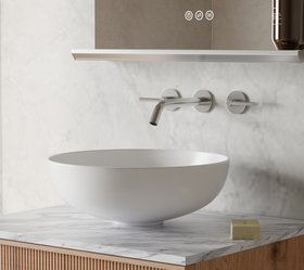 C.P. Hart – Dios Brassware Collection – Dios three-piece wall-mounted basin mixer with Lever handles in Brushed Nickel.