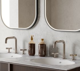 C.P. Hart – Dios Brassware Collection – Dios three-piece deck-mounted basin mixer with cross head handles in Brushed Brass