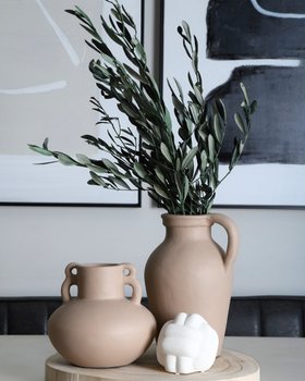 Emi Organic Sculptural Terracotta Vase with Handle (27cm) | Beige Artisan Showpiece
