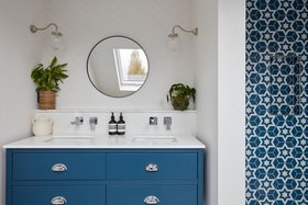 Lucy Van der Gucht blue and white tiled bathroom