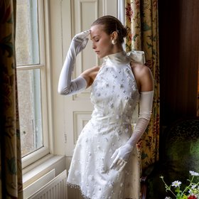 Women’s Long Opera Satin Gloves with Buttons in Ivory