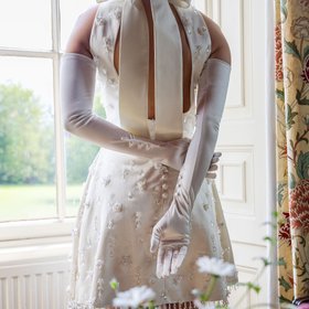Women’s Long Opera Satin Gloves with Buttons in Ivory