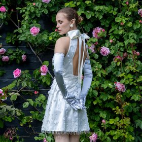 Women’s Long Opera Satin Gloves with Buttons in Silver