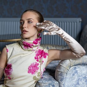 Women’s Long Opera Satin Gloves with Buttons in Champagne
