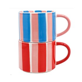 Stackable Striped Pink, Blue & Red Mugs (Set of 2)