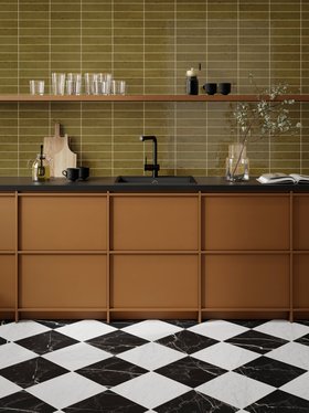 Galletti Nero (30x30cm), Zellica™ Ochre Tile (6cm x 24cm), Galletti Carrara 30x30cm