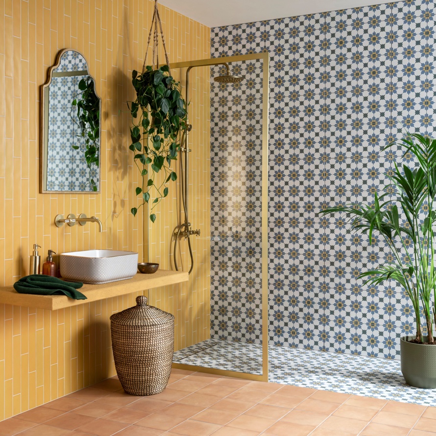 Statements™ Casablanca Tile and shown in shower area and Ribbon™ Mustard Tile (5.3cm x 30cm), £71.70m²with Cotto Tile (20cm x 20cm), £59.50m² on the floor