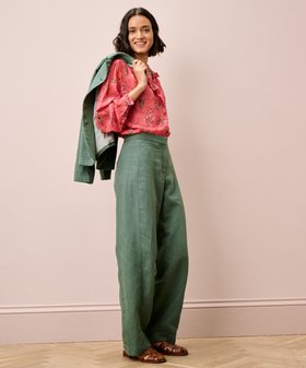 Cotton Linen High Waisted Trousers - Verdigris
