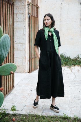 Linen Utility Shirt Dress in Black