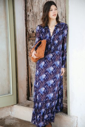 Silk Smocked Dress in Navy