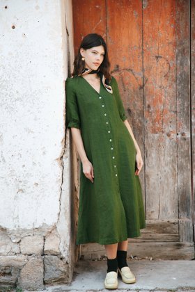 Herringbone Linen Shirt Dress in Kelp