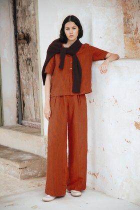 Stripe Linen Utility Shirt in Charcoal & Paprika