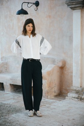 Cotton Embroidered Smock Blouse in White