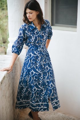Silk Cotton Paisley Print Shirt Dress in Delft Blue