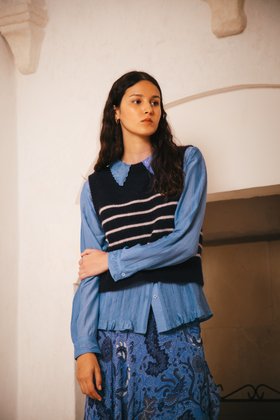 Silk Cotton Embroidered Blouse in China Blue