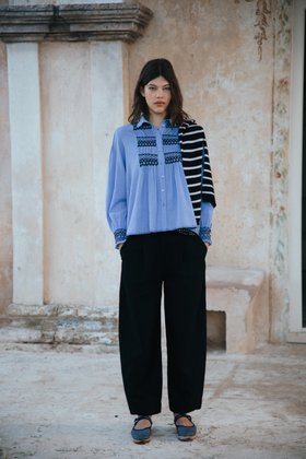 Smocked Cotton Blouse in Sky & Navy