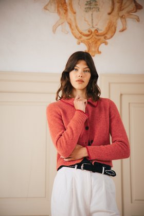 Wool Donegal Collared Cardigan in Papaya