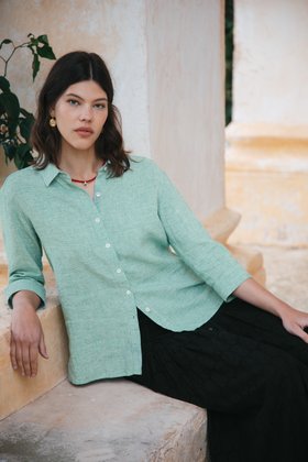 Fine Houndstooth Linen Shirt - Celadon