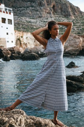 Cotton Seersucker Gingham Shirt Dress