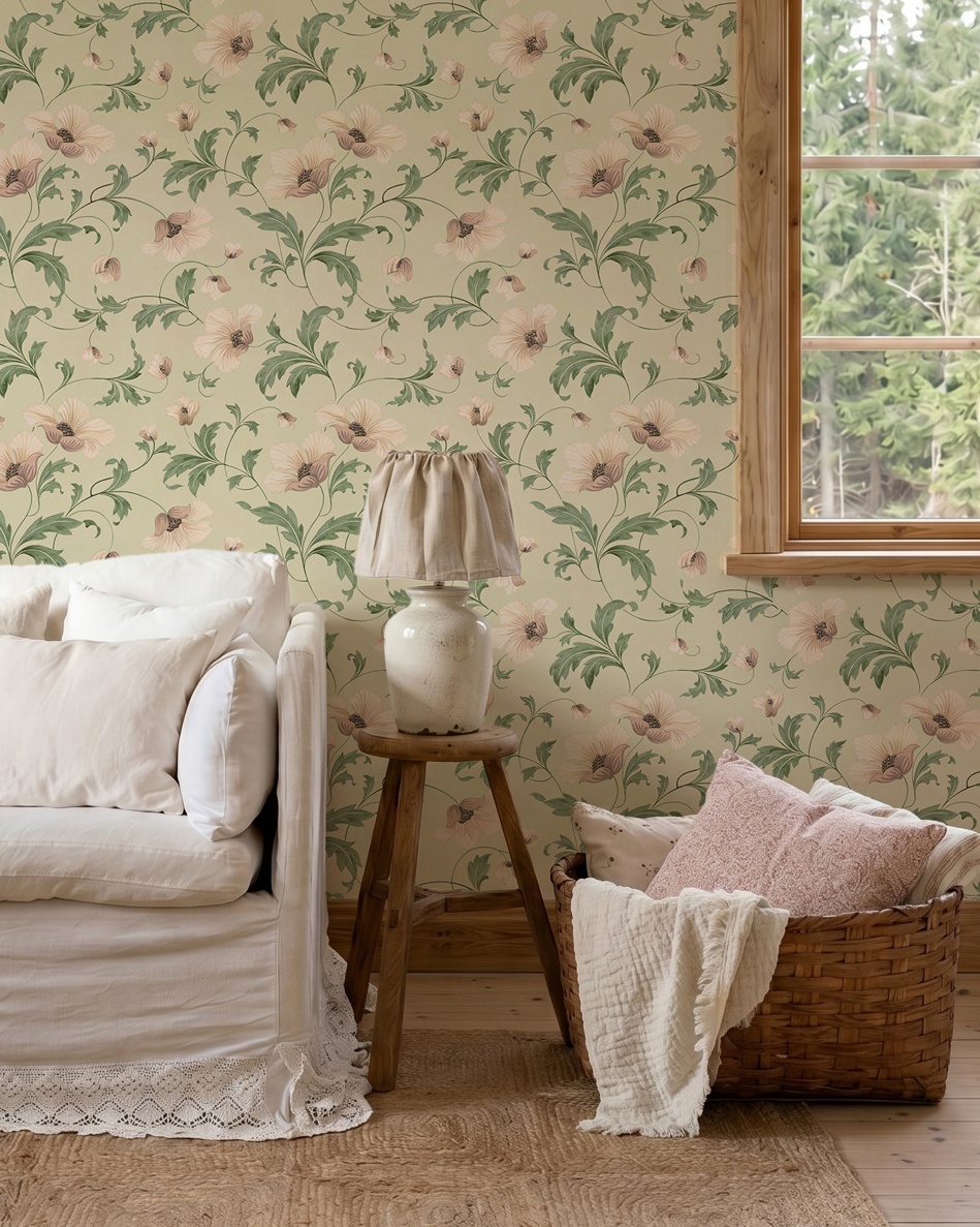 Blooming Flora Pale Olive - Wallpaper