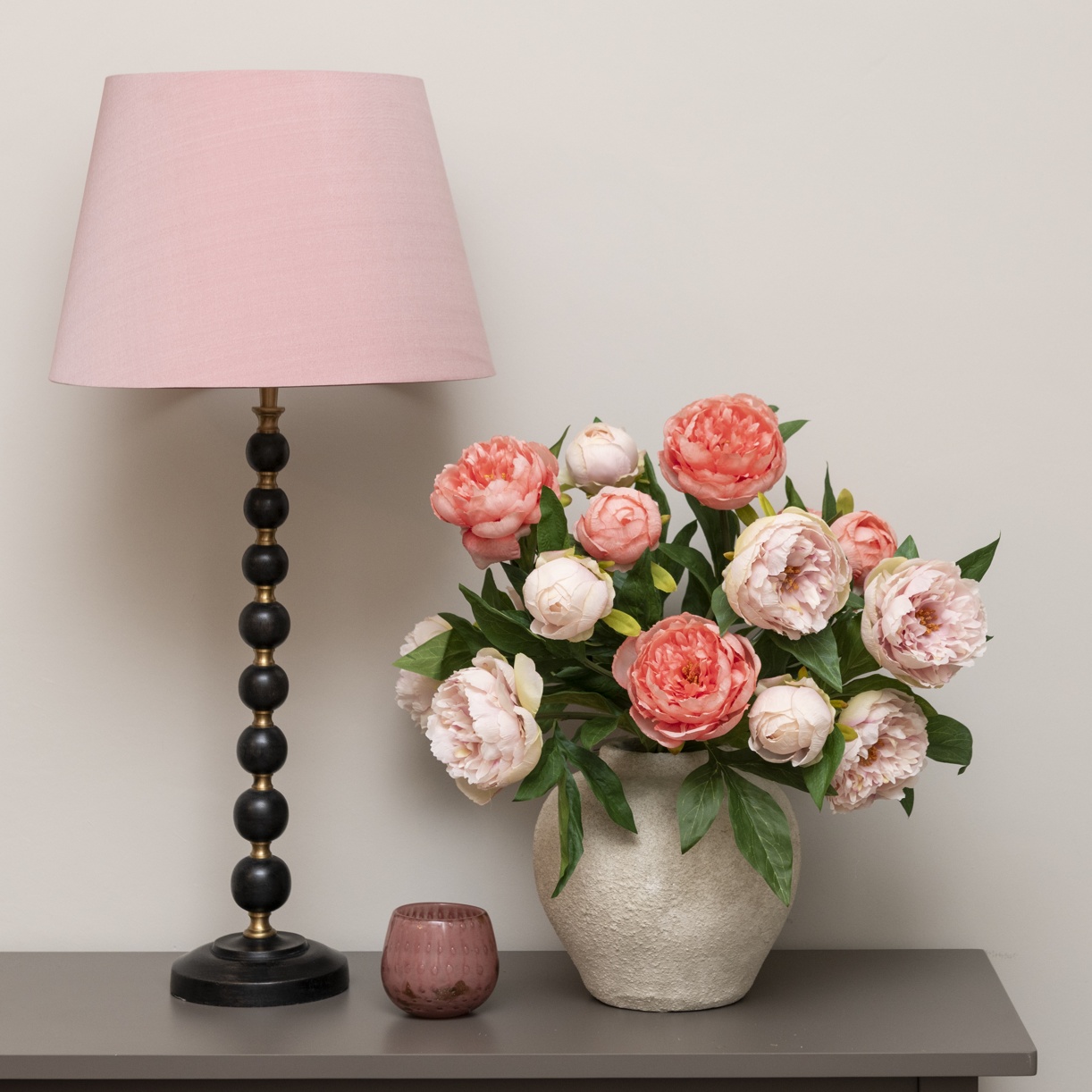 Faux Peonies in Ceramic Vase