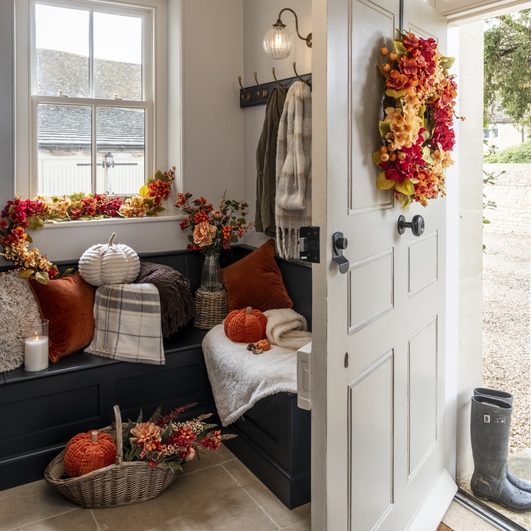 Welcome in Autumn with Artificial Flowers, including a Faux Autumn Hydrangea Wreath