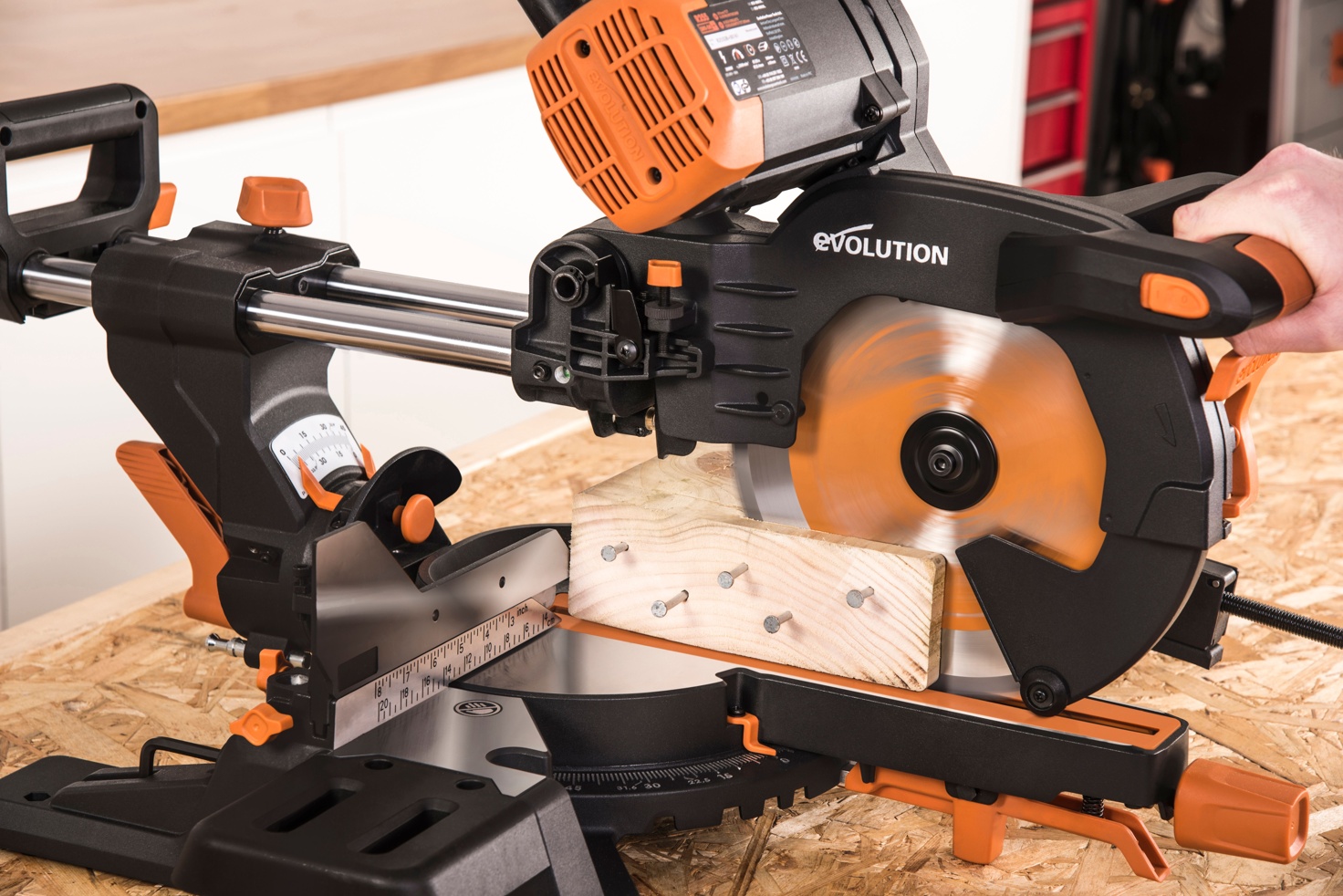 Evolution R255SMS+ 255mm Sliding Compound Mitre Saw With TCT Multi-Material Cutting Blade