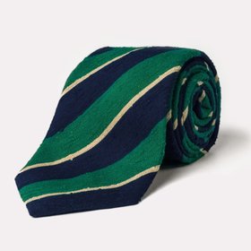 Navy, Emerald & Ecru Stripe Shantung Silk Tie