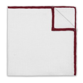 White & Burgundy Contrast Trim Linen Pocket Square