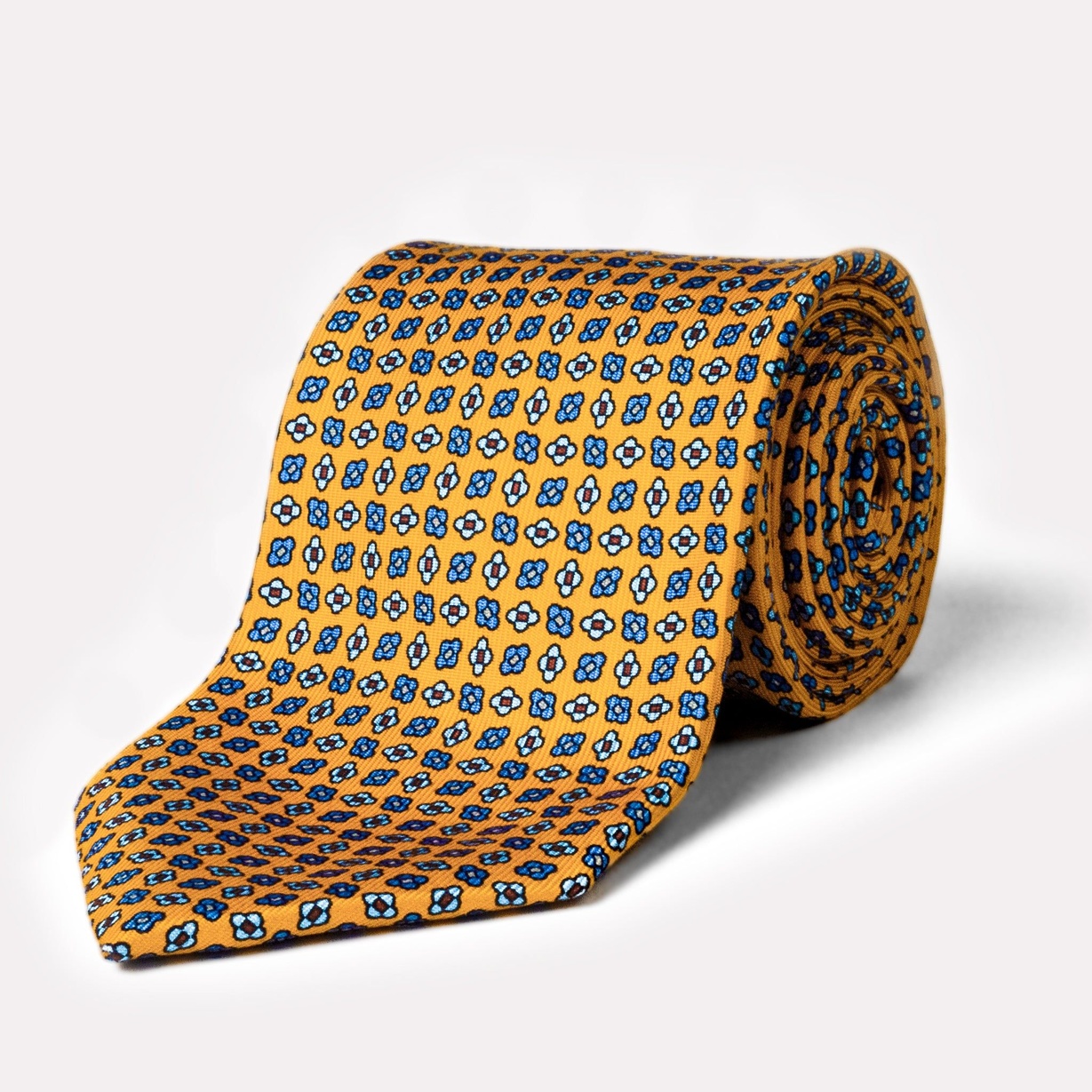 Burnt Yellow & Blue Floral Repeat Silk Tie