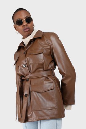 Brown vegan leather belted half long jacket
