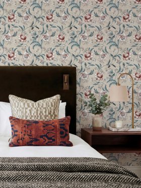 Tapestry Floral Vermilion Blue Wallpaper