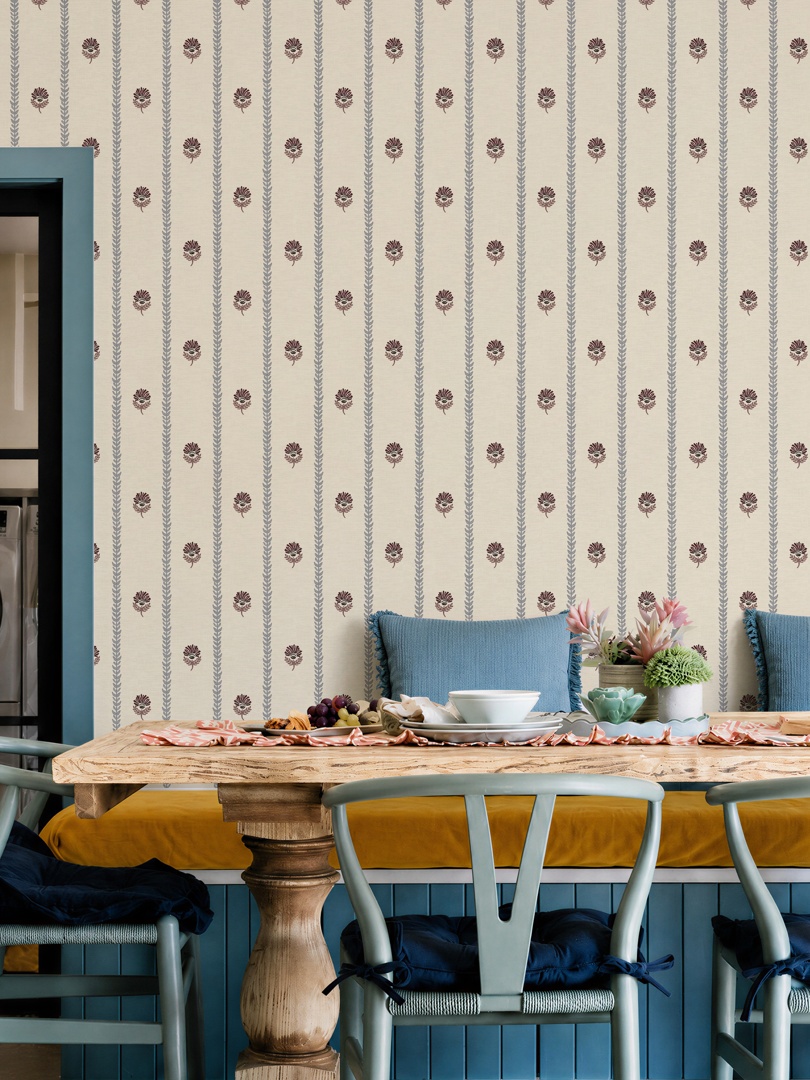 Thistle Trail Stripe Blue & Burgundy Wallpaper