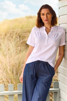 Broderie Detail T-Shirt + Wide Leg Tie Waist Trousers