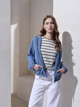 Chambray Hooded Lightweight Jacket + Striped T-Shirt With Stitch Detail + Wide Leg Cropped Jeans