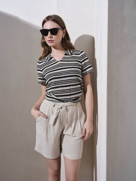 Striped Knit Polo Top + Belted Linen Shorts + Tortoiseshell Sunglasses