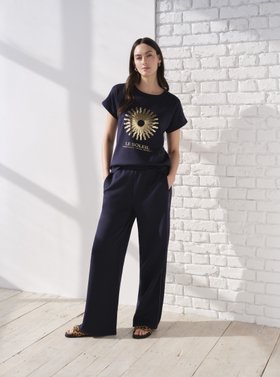 Gold Printed Top & Trim Detail Wide Leg Trousers
