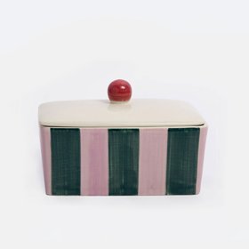 Pink & Dark Green Stripe Butter Dish