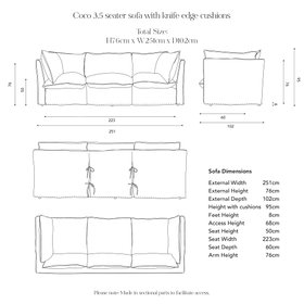 Coco 3.5 seater sofa with Self Piped Knife Edge cushion in Cotton Linen Inkspot - Made to Order