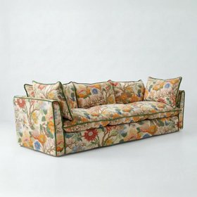 Coco 4 seater sofa with Contrast Piped Knife Edge cushion in Magnolia Cream Blue - Hand Made in USA
