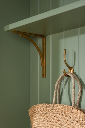 York Flush Shelf Bracket - Burnished Brass (Waxed) and Farnham Coat Hook