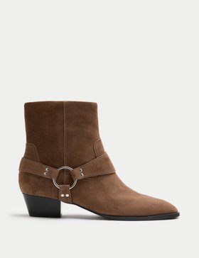 Suede Harness Block Heel Pointed Ankle Boots