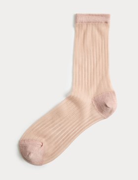Cotton Blend Sheer Ribbed Sparkly Crew Socks, Pink